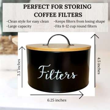 Black Coffee Filter Holder - Metal & Bamboo Coffee Filter Container - Coffee Filter Organizer -Coffee Filter Holder Storage & Coffee Bar Decor - Coffee Filter Container Black Coffee Filter Holder