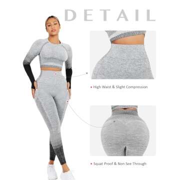 FeelinGirl Workout Sets for Women 2 Piece Long Sleeve Yoga Outfits Seamless Ribbed Crop Top High Waist Legging