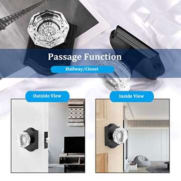 5 Pack Clear Crystal Door Knobs,Diamond Glass Passage Door Handles Locks for Closet Hallway,Keyless Interior Door Knob with Matte Black Rosette