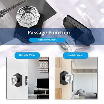 5 Pack Clear Crystal Door Knobs,Diamond Glass Passage Door Handles Locks for Closet Hallway,Keyless Interior Door Knob with Matte Black Rosette