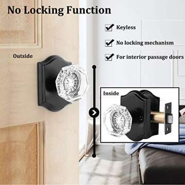 5 Pack Clear Crystal Door Knobs,Diamond Glass Passage Door Handles Locks for Closet Hallway,Keyless Interior Door Knob with Matte Black Rosette