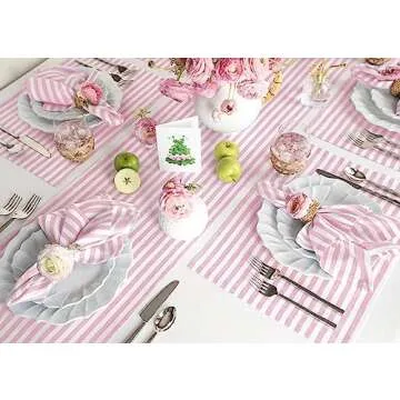 Solino Home Stripe Linen Table Runner 36 Inch - 100% Pure Linen Cherry Blossom and White Short Table Runner 14 x 36 Inch Ideal for Dresser and Coffee Tables - Amalfi Stripe, Spring, Easter