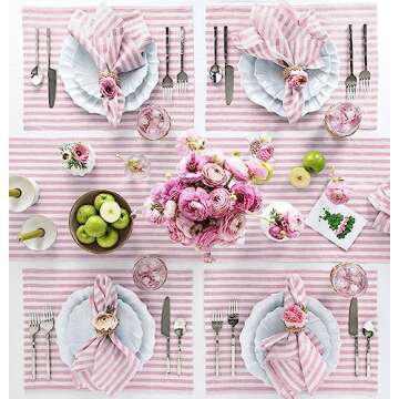 Solino Home Stripe Linen Table Runner 36 Inch - 100% Pure Linen Cherry Blossom and White Short Table Runner 14 x 36 Inch Ideal for Dresser and Coffee Tables - Amalfi Stripe, Spring, Easter