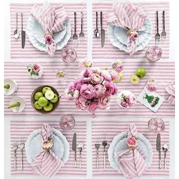 Solino Home Stripe Linen Table Runner 36 Inch - 100% Pure Linen Cherry Blossom and White Short Table Runner 14 x 36 Inch Ideal for Dresser and Coffee Tables - Amalfi Stripe, Spring, Easter