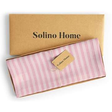 Solino Home Stripe Linen Table Runner 36 Inch - 100% Pure Linen Cherry Blossom and White Short Table Runner 14 x 36 Inch Ideal for Dresser and Coffee Tables - Amalfi Stripe, Spring, Easter