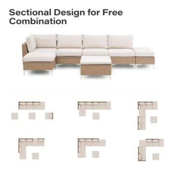 LAUSAINT HOME 7 Pieces Patio Furniture Set with Hidden Storage Compartment, Outdoor Natural Color Patio Conversation Set with Plush Oversized Cushions（Beige）