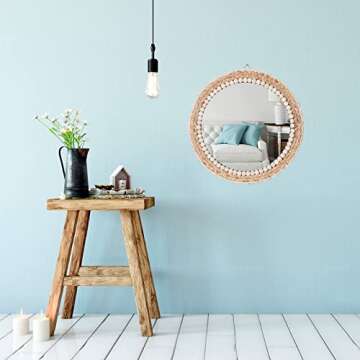 SWTHONY 15 Inch Boho Round Hanging Wall Mirror Decorative Rattan Circle Mirrors for Farmhouse, Living Room, Bedroom