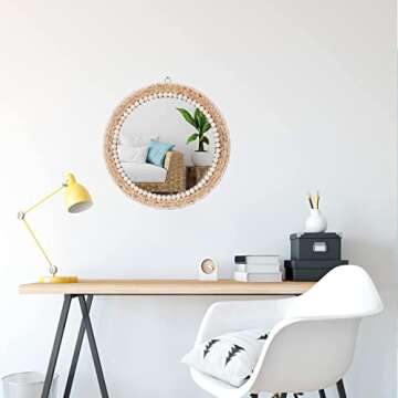 SWTHONY 15 Inch Boho Round Hanging Wall Mirror Decorative Rattan Circle Mirrors for Farmhouse, Living Room, Bedroom