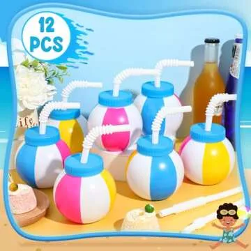 Nuanchu 12 Pcs 14 oz Summer Beach Ball Cups with Straws and Lids Plastic Ball Sipper Cups Reusable Party Cups Bulk Beach Ball Summer Theme Party Favor for Kids Birthday Sports Theme Party Supplies