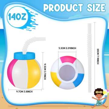 Nuanchu 12 Pcs 14 oz Summer Beach Ball Cups with Straws and Lids Plastic Ball Sipper Cups Reusable Party Cups Bulk Beach Ball Summer Theme Party Favor for Kids Birthday Sports Theme Party Supplies