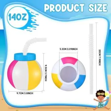 Nuanchu 12 Pcs 14 oz Summer Beach Ball Cups with Straws and Lids Plastic Ball Sipper Cups Reusable Party Cups Bulk Beach Ball Summer Theme Party Favor for Kids Birthday Sports Theme Party Supplies