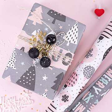 WRAPAHOLIC Christmas Wrapping Paper Roll - Rustic Kraft Pink and Grey Christmas Set for Holiday, Party Deco - 4 Rolls - 30 Inch X 120 Inch Per Roll