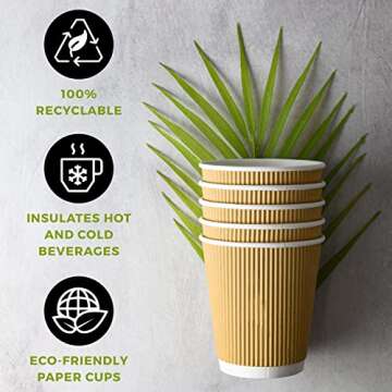 NYHI Set of 150 Ripple Insulated Kraft 12 oz Paper Cups Coffee Tea Hot Cups Recyclable 3 Layer Rippled Wall For Better Insulation Perfect for Cappuccino Hot Coco or Iced Drinks