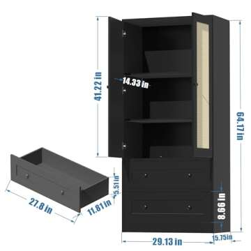 DIYART 64.2" Tall Rattan Black Kitchen Pantry Cabinet, Kitchen Storage Cabinet with Doors and Drawer...