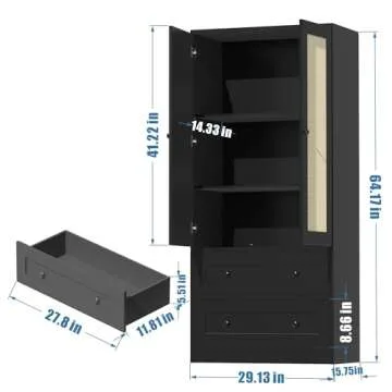 DIYART 64.2" Tall Rattan Black Kitchen Pantry Cabinet, Kitchen Storage Cabinet with Doors and Drawer...