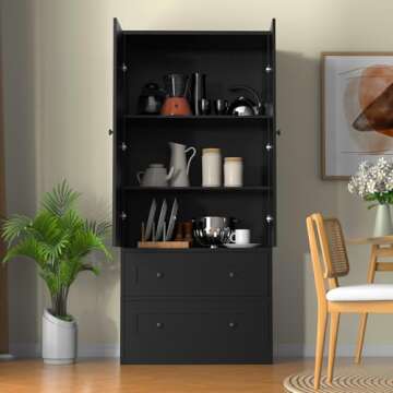 DIYART 64.2" Tall Rattan Black Kitchen Pantry Cabinet, Kitchen Storage Cabinet with Doors and Drawers, Freestanding Wooden Storage Cabinet for Kitchen, Dining Room