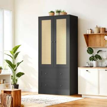 DIYART 64.2" Tall Rattan Black Kitchen Pantry Cabinet, Kitchen Storage Cabinet with Doors and Drawers, Freestanding Wooden Storage Cabinet for Kitchen, Dining Room