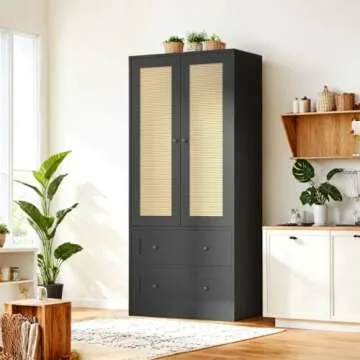 DIYART 64.2" Tall Rattan Black Kitchen Pantry Cabinet, Kitchen Storage Cabinet with Doors and Drawers, Freestanding Wooden Storage Cabinet for Kitchen, Dining Room