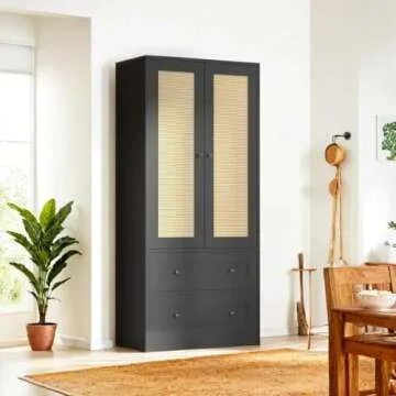 DIYART 64.2" Tall Rattan Black Kitchen Pantry Cabinet, Kitchen Storage Cabinet with Doors and Drawers, Freestanding Wooden Storage Cabinet for Kitchen, Dining Room