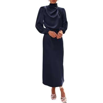 BTFBM Women's Mock Neck Satin Dress Elegant Long Sleeve Elastic High Waist Formal Wedding Cocktail P...