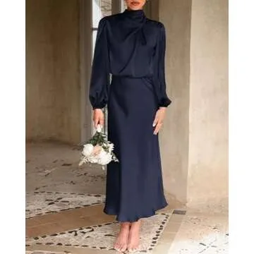 BTFBM Women's Mock Neck Satin Dress Elegant Long Sleeve Elastic High Waist Formal Wedding Cocktail Party Maxi Dresses(Solid Navy, Small)