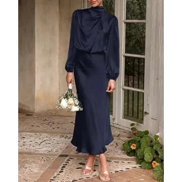 BTFBM Women's Mock Neck Satin Dress Elegant Long Sleeve Elastic High Waist Formal Wedding Cocktail Party Maxi Dresses(Solid Navy, Small)