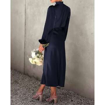 BTFBM Women's Mock Neck Satin Dress Elegant Long Sleeve Elastic High Waist Formal Wedding Cocktail Party Maxi Dresses(Solid Navy, Small)
