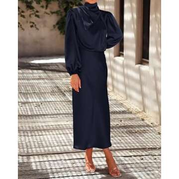 BTFBM Women's Mock Neck Satin Dress Elegant Long Sleeve Elastic High Waist Formal Wedding Cocktail Party Maxi Dresses(Solid Navy, Small)