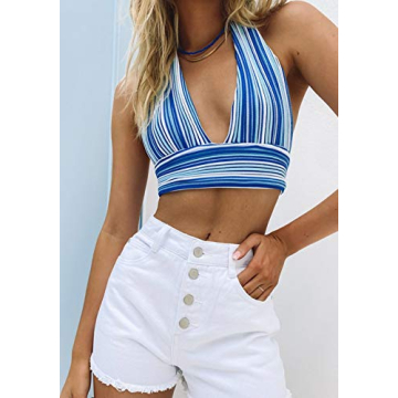 SAFRISIOR Deep V Neck Halter Crop Top for Women