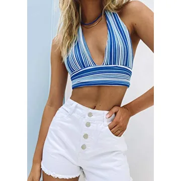 SAFRISIOR Deep V Neck Halter Crop Top for Women