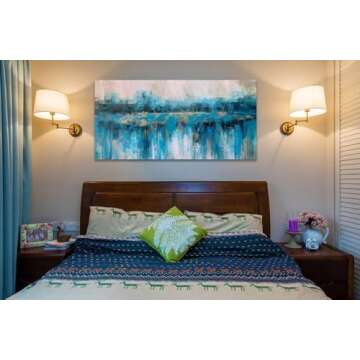 Arjun Teal Abstract Wall Art Modern Blue Grey Picture Cityscape Indigo Textured Gold Painting, Large Size Framed Artwork for Living Room Bedroom Bathroom Dinning Room Home Office Wall Decor 40"x20"