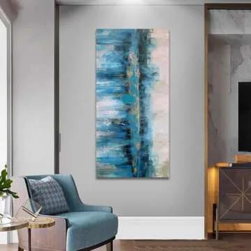 Arjun Teal Abstract Wall Art Modern Blue Grey Picture Cityscape Indigo Textured Gold Painting, Large Size Framed Artwork for Living Room Bedroom Bathroom Dinning Room Home Office Wall Decor 40"x20"
