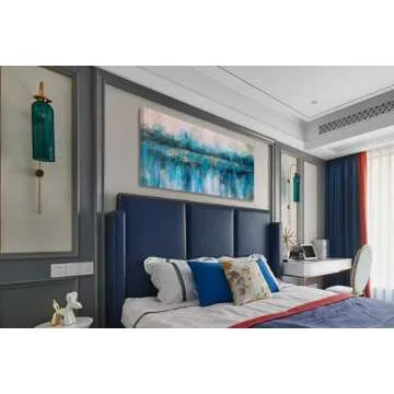 Arjun Teal Abstract Wall Art Modern Blue Grey Picture Cityscape Indigo Textured Gold Painting, Large Size Framed Artwork for Living Room Bedroom Bathroom Dinning Room Home Office Wall Decor 40"x20"