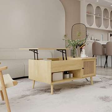 FOKWE Lift Top Coffee Table with Hidden Compartment, Big Storage Space and Adjustable Storage Shelf Lift Tabletop Dining Table for Home Living Room, Office (Natural)
