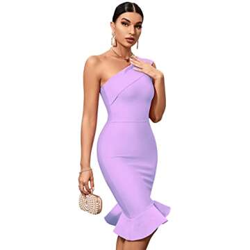 Maketina Womens Sexy One Shoulder Bodycon Bandage Dress Mermaid Cocktail Midi Dresses Trendy 2025 Light Purple XL