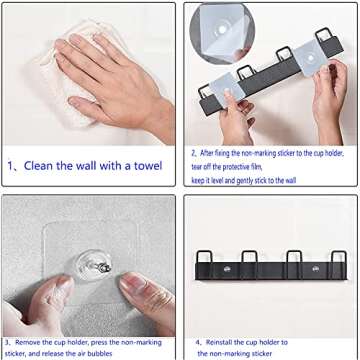 BAIEUEJO 2pcs Mug Hooks Wall-mounted Mug Holder, Coffee Cups Holder Hanger no Drilling,mug rack Hooks with 4 cup holders,Cups Storage Hooks ​for kitchen, living room, office (Black)