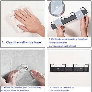 BAIEUEJO 2pcs Mug Hooks Wall-mounted Mug Holder, Coffee Cups Holder Hanger no Drilling,mug rack Hooks with 4 cup holders,Cups Storage Hooks ​for kitchen, living room, office (Black)