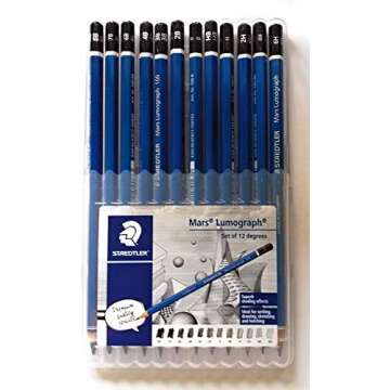 Wooden Lead Pencil By Staedtler Mars Lumograph - Pack of 12 Degrees in Practical Plastic Storage Box with Staedtler Tub Sharpener and Rasoplast Eraser