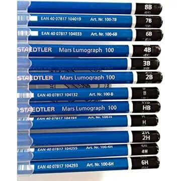 Wooden Lead Pencil By Staedtler Mars Lumograph - Pack of 12 Degrees in Practical Plastic Storage Box with Staedtler Tub Sharpener and Rasoplast Eraser