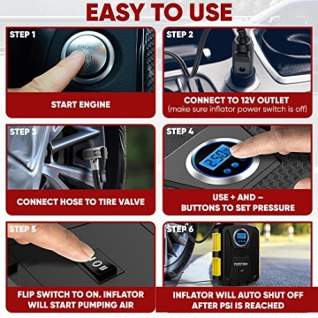 FORTEM Tire Inflator Portable Air Compressor 150 PSI, Bike Pump, 12V Electric Air Pump for Car Tires and Bicycles w/LED Light, Digital Tire Pressure Gauge w/Auto Pump/Shut Off, Carrying Case (Yellow)