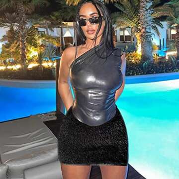 Women 2 Piece Outfits Sexy Clubwear One Shoulder Metallic Bodysuit Top Night Party Club Mini Skirt S...