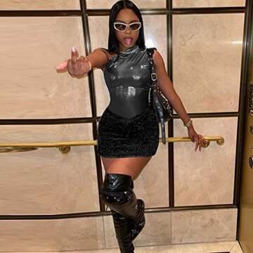 Women 2 Piece Outfits Sexy Clubwear One Shoulder Metallic Bodysuit Top Night Party Club Mini Skirt Set Black S