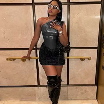 Women 2 Piece Outfits Sexy Clubwear One Shoulder Metallic Bodysuit Top Night Party Club Mini Skirt Set Black S