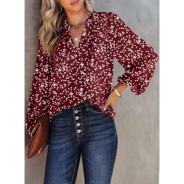 Dokotoo Womens Casual Alicia Flowy Print V Neck Smocked Long Sleeve Chiffon Blouses Tshirts Tops for...