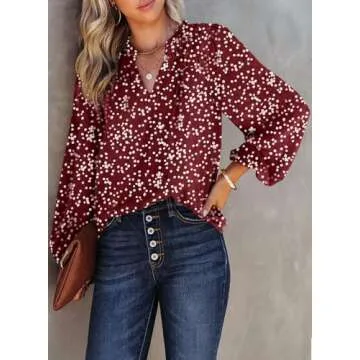 Dokotoo Womens Casual Alicia Flowy Print V Neck Smocked Long Sleeve Chiffon Blouses Tshirts Tops for...