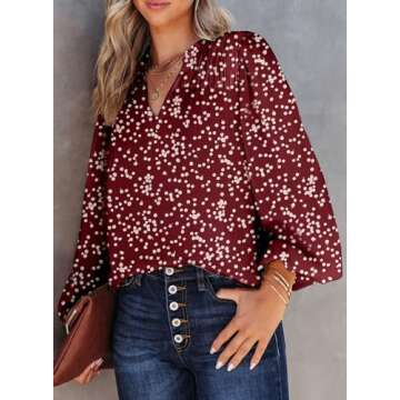 Dokotoo Womens Casual Alicia Flowy Print V Neck Smocked Long Sleeve Chiffon Blouses Tshirts Tops for Women 2024 Summer Trendy Work Business Boho Top Small Biking Red