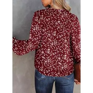 Dokotoo Womens Casual Alicia Flowy Print V Neck Smocked Long Sleeve Chiffon Blouses Tshirts Tops for Women 2024 Summer Trendy Work Business Boho Top Small Biking Red
