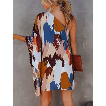 BerryGo Women's One Shoulder Batwing Cape Mini Dress Floral Colorblock Loose Casual Party Dress Brown M