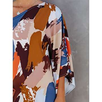 BerryGo Women's One Shoulder Batwing Cape Mini Dress Floral Colorblock Loose Casual Party Dress Brown M