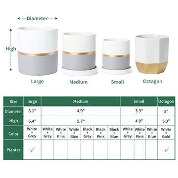POTEY 052301 Ceramic Planter Flowerpots - 6.1 inch + 5 inch White Grey Golden Decorative Detailing Plant Pot Containers for Aloe Plants Flower Modern Indoor Home Decor (Plants NOT Included)